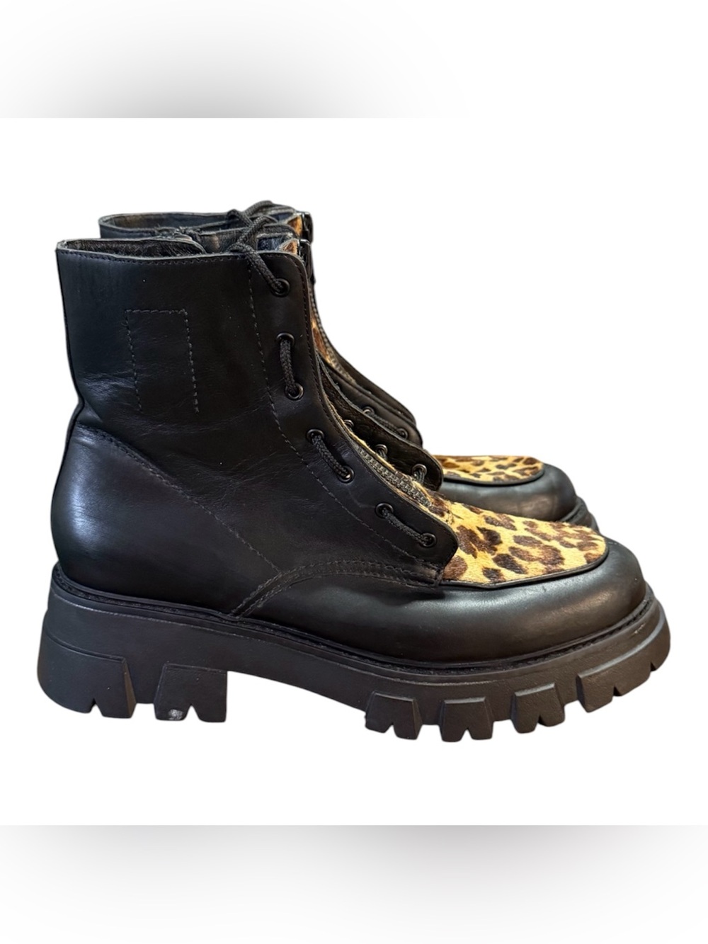 Ash Lynch Lynne Leopard Calf Hair Black Leather Combat Boot Women’s Size 10.5/11
